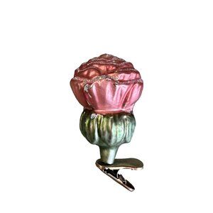 Vintage Blown Glass Rose Bud Clip On Christmas Ornament Midcentury